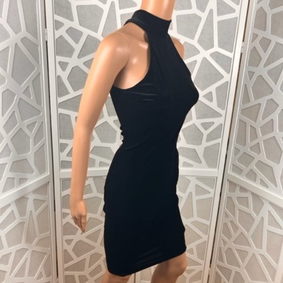 Black Mini Dress High Neck Sleeveless Velvet Like Bodycon - Picture 2 of 8